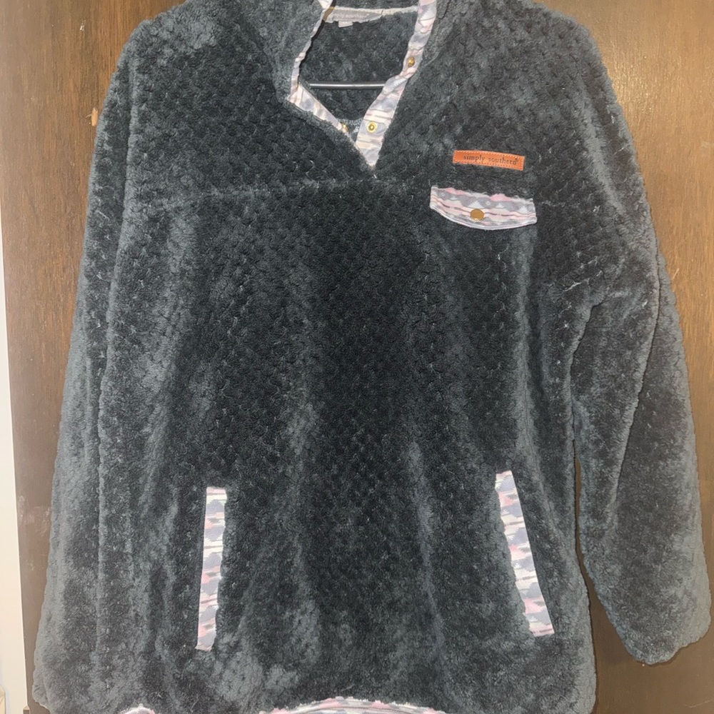 Simply Southern Black Fleece Pullover with Patterned Collar